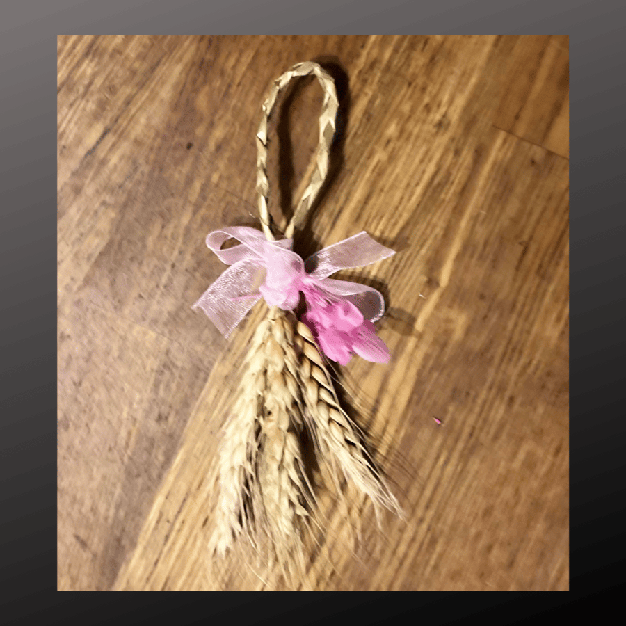 Derbyshire Corn Dolly  - Adorned With Pink Ribbon & Dried Flowers - Dollies