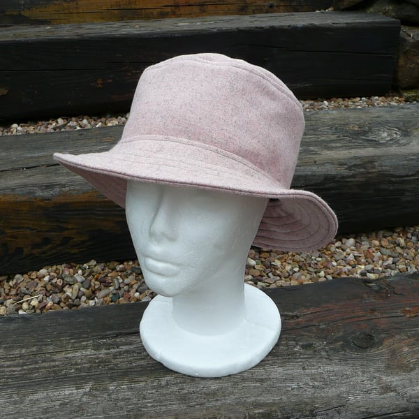 Bucket hat pink grey marl wool tweed ladies winter hat