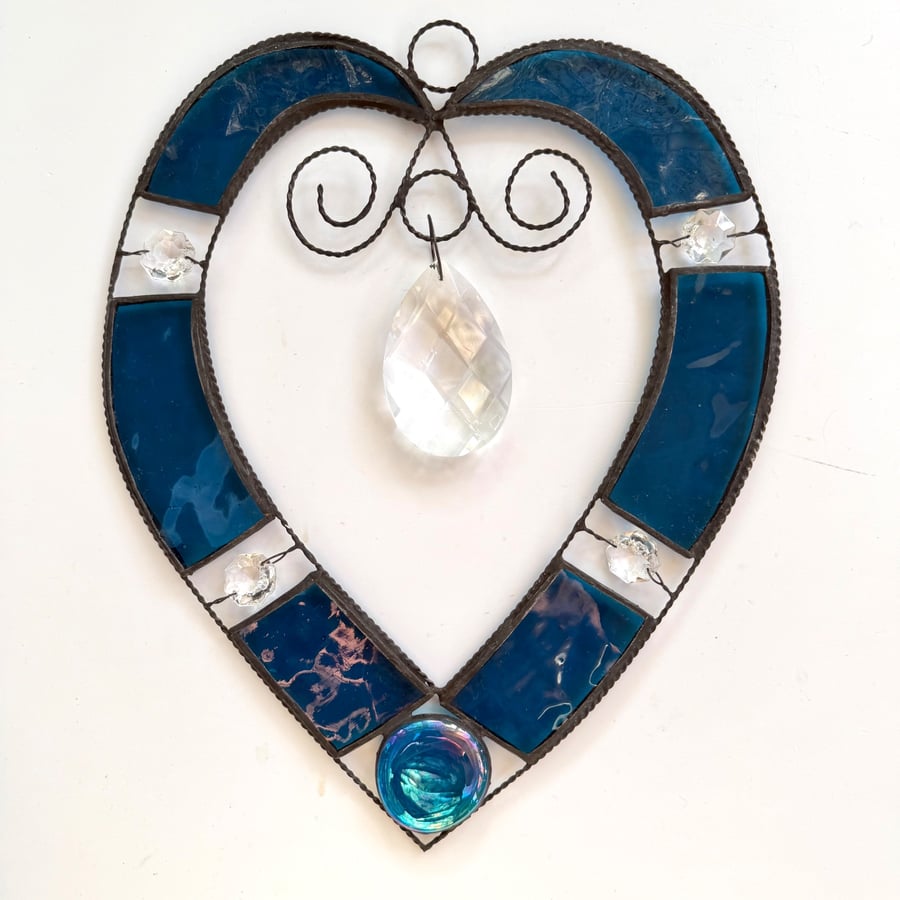 Stained Glass and Wire Heart Suncatcher - Handmade - Deep Turquoise 