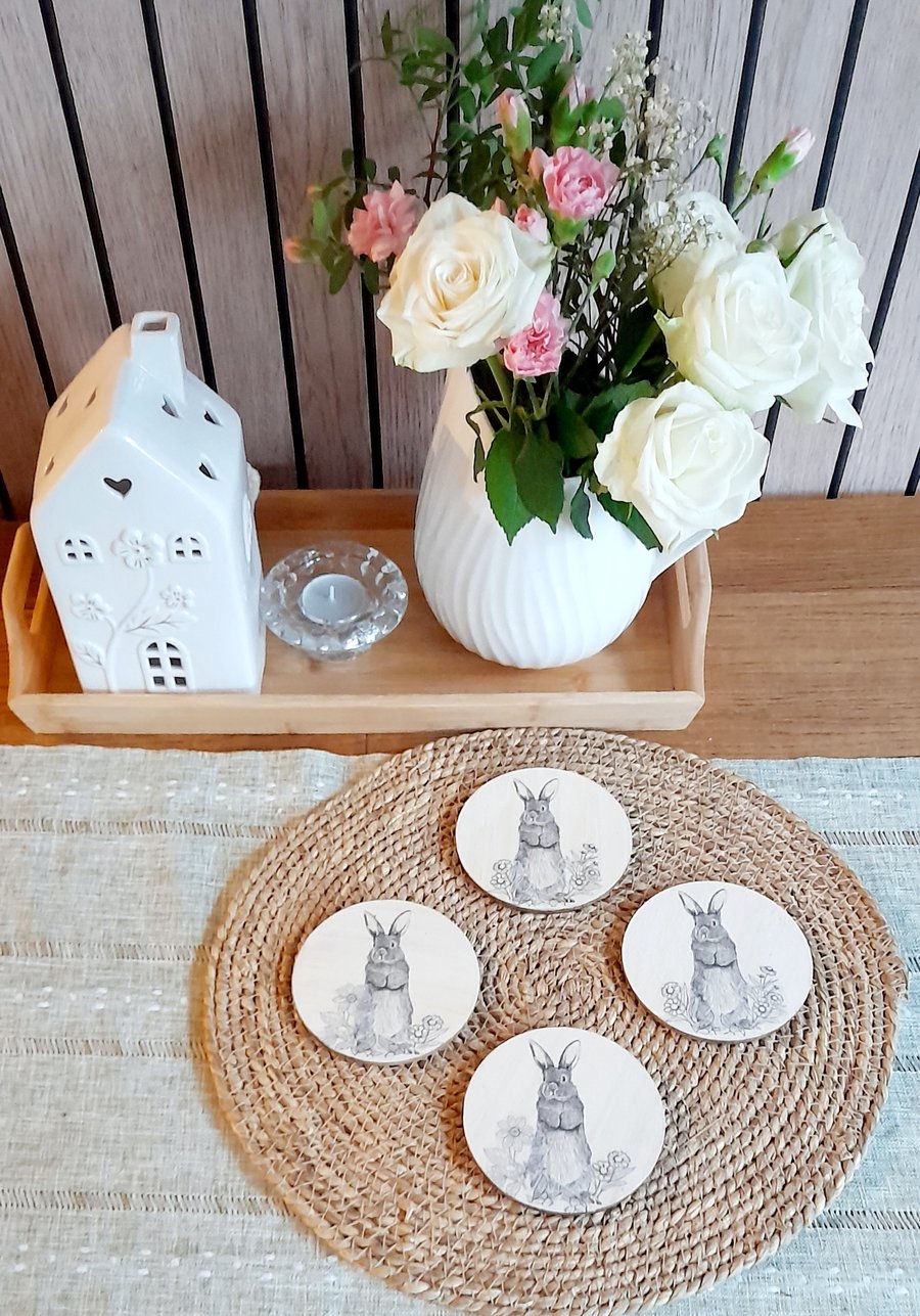 Wooden Round Coasters Spring Bunny