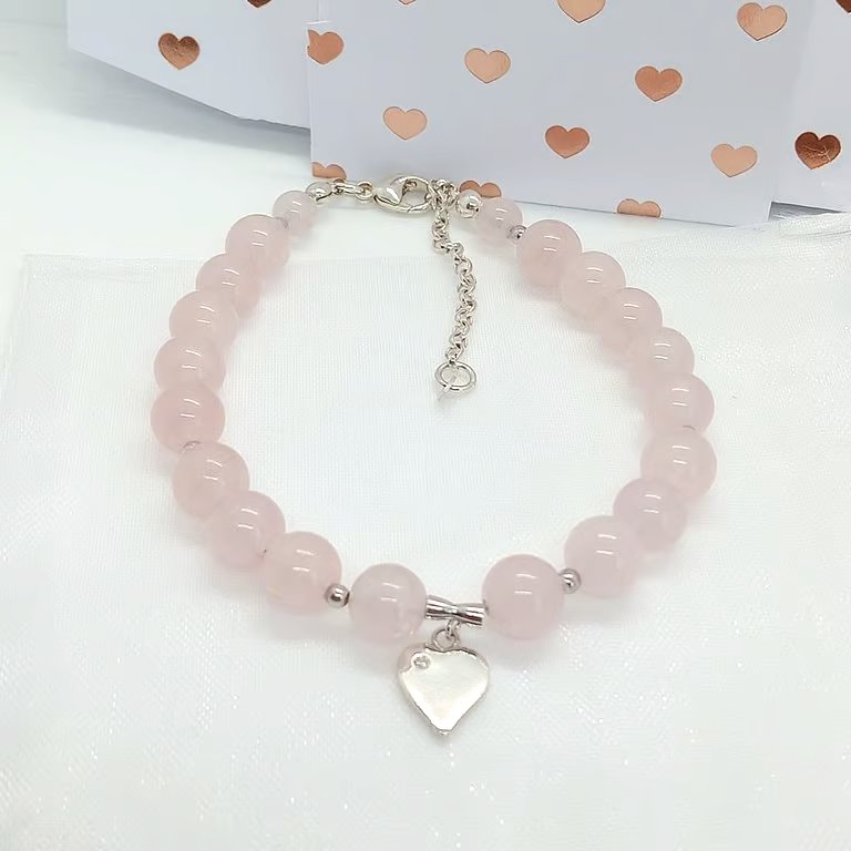 Rose Quartz gemstone bracelet Love heart Charm cubic zirconia valentines gift