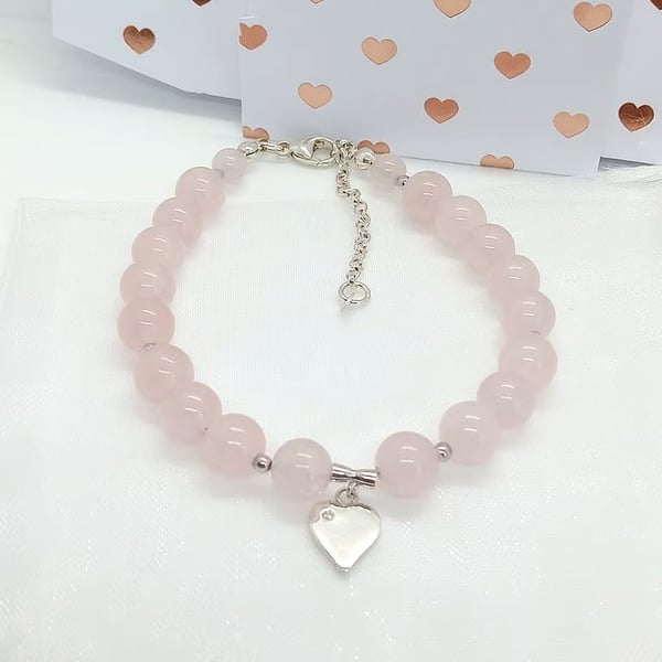 Rose Quartz gemstone bracelet Love heart Charm cubic zirconia valentines gift