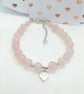 Rose Quartz gemstone bracelet Love heart Charm cubic zirconia valentines gift - Image 1