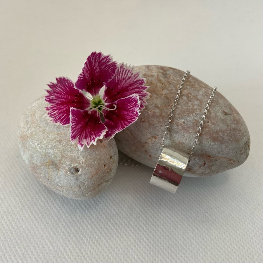 Textured Silver Tube Pendant, Textured Wide Ring Necklace, Wide Tube Pendant