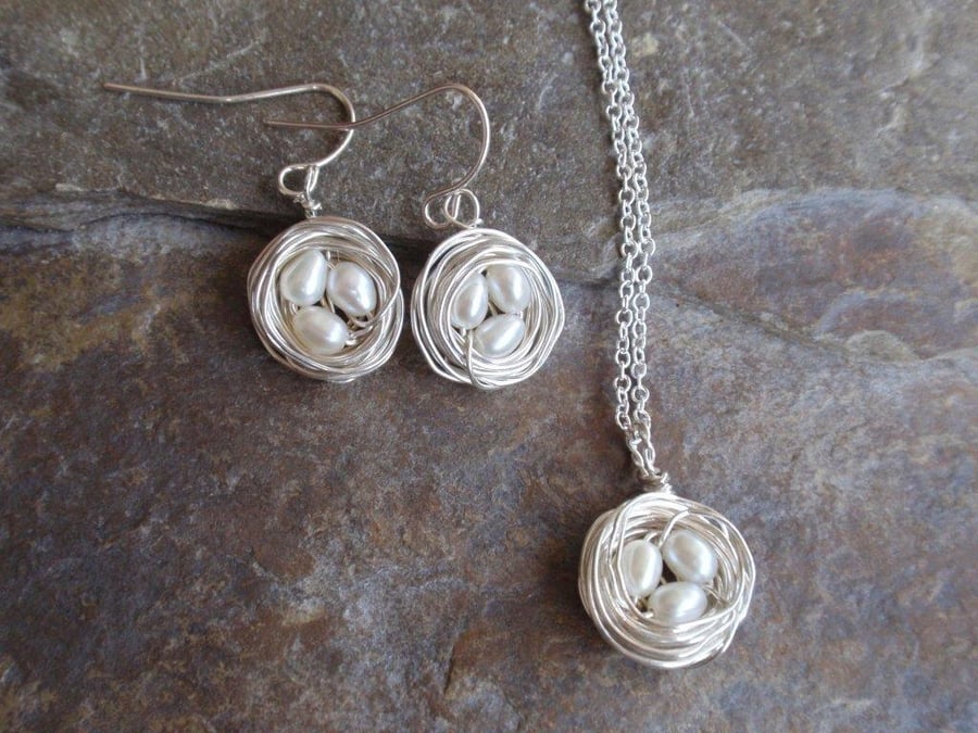 Sterling Silver Birds Nest Necklace and Earrings Jewellery Set