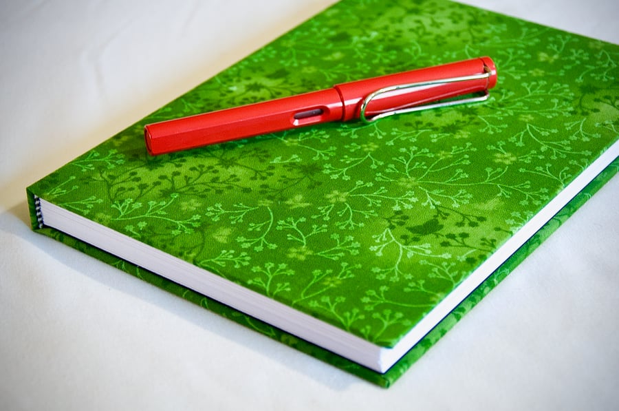 A5 Hardback Lined Notebook with full cloth spring green flower cover