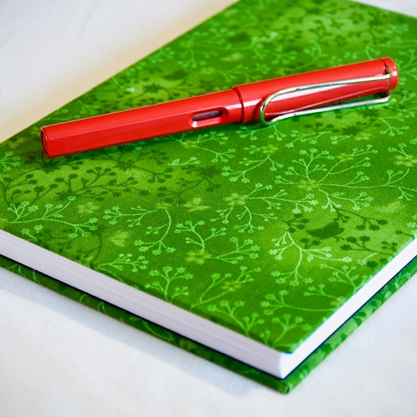 A5 Hardback Lined Notebook with full cloth spring green flower cover