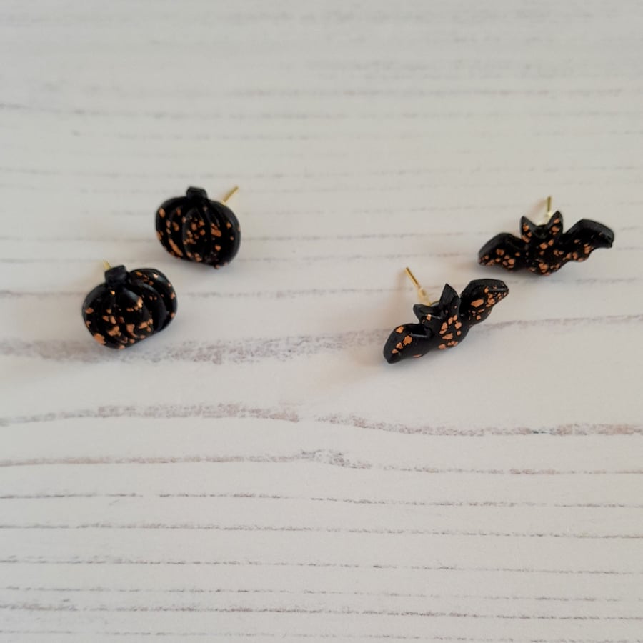 Halloween Mini bat or pumpkin rose gold leaf earrings - choose your style
