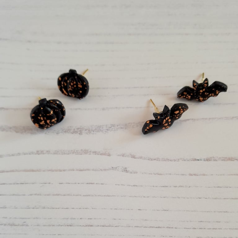 Halloween Mini bat or pumpkin rose gold leaf earrings - choose your style