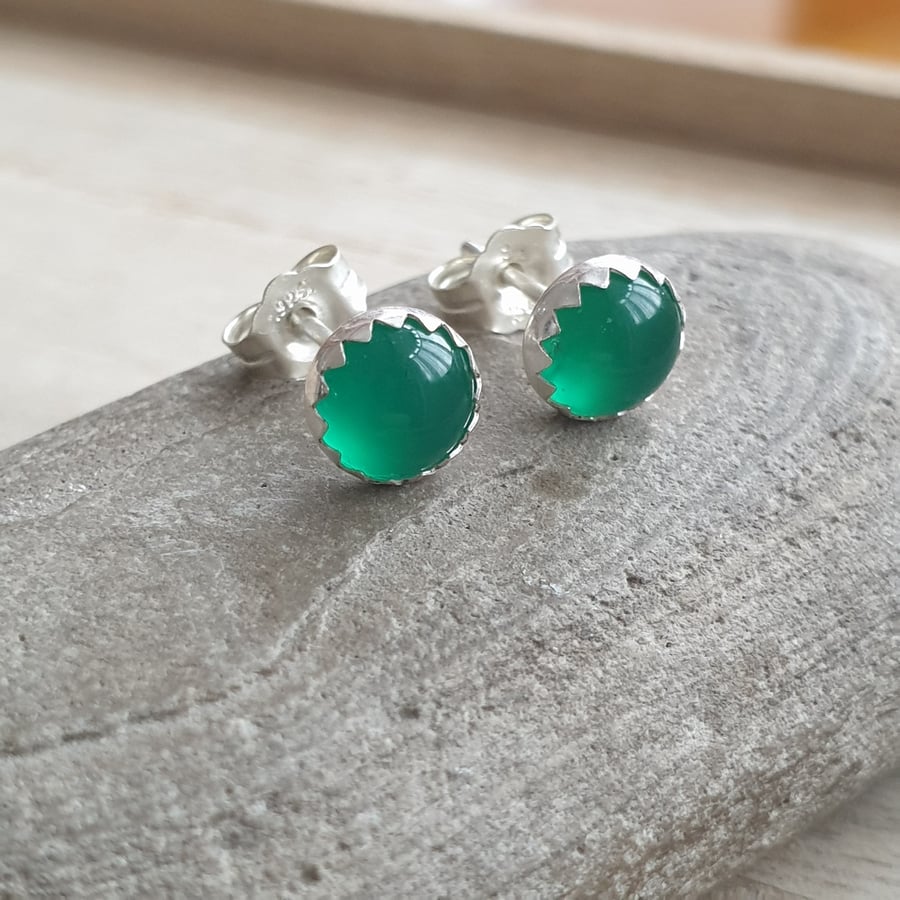 Green onyx stud earrings, Deep green gemstone, Medium size studs