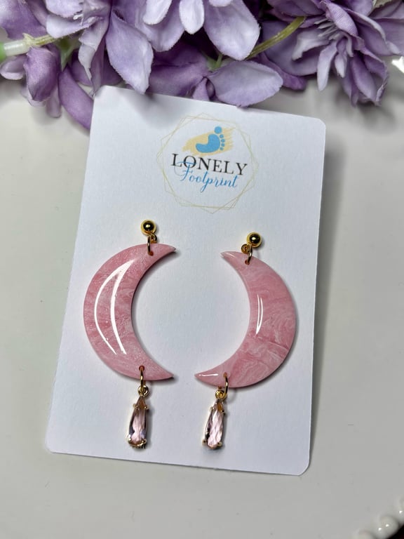Pink Crescent Moon Polymer Clay Earrings with Star Charms - Lightweight 