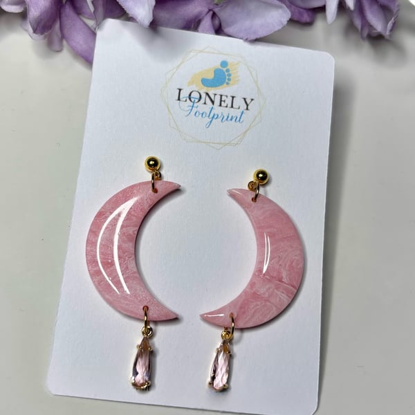 Pink Crescent Moon Polymer Clay Earrings with Star Charms - Lightweight 