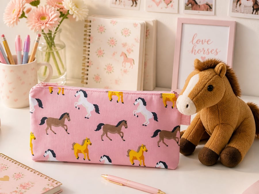 Pink Horses Pencil Case or Small Make Up Bag 