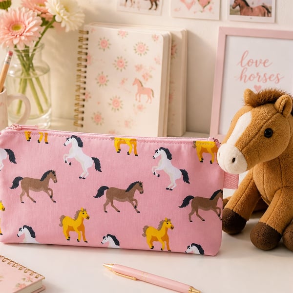 Pink Horses Pencil Case or Small Make Up Bag 