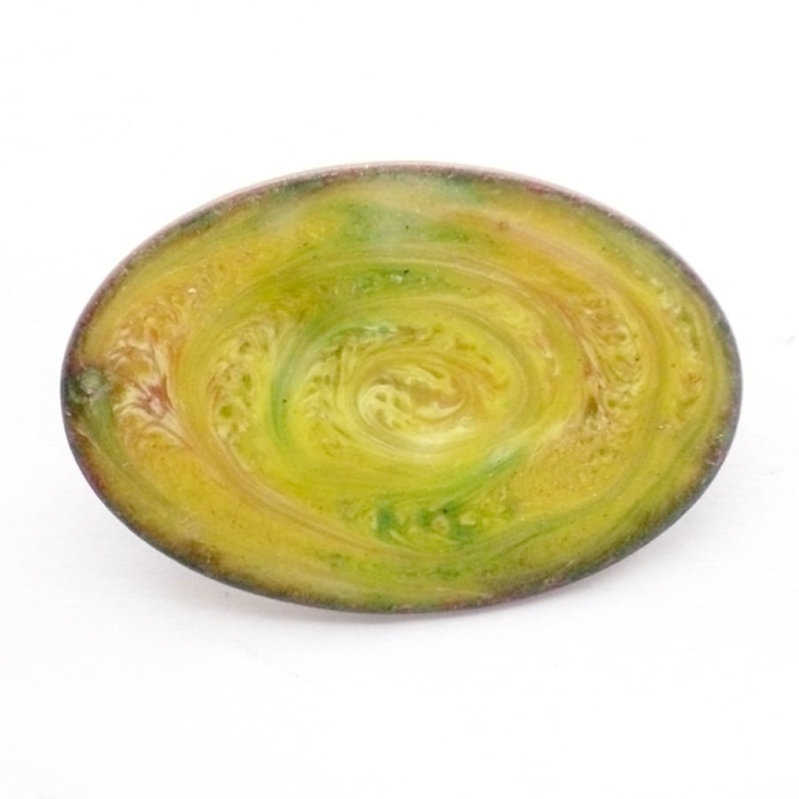 enamel brooch - oval, scrolled green, pink and white on yellow