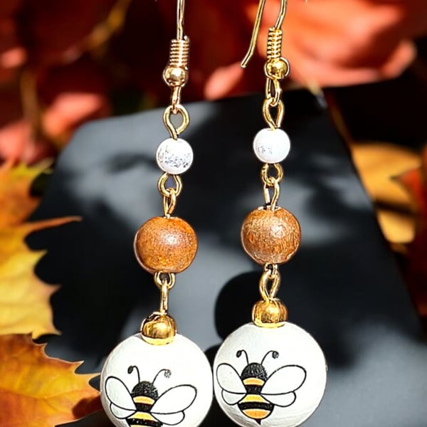 Wooden Bee earrings, boho jewellery