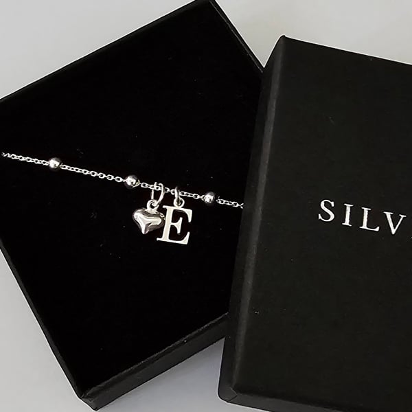 925 Sterling Silver Initial and Heart Charm Bracelet, Personalised Bracelet