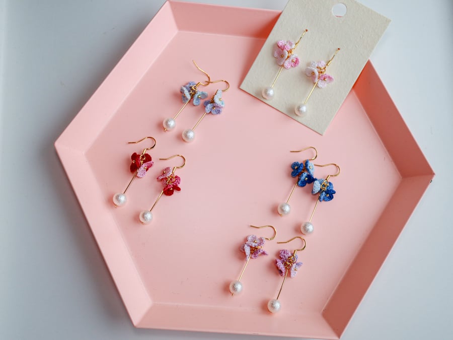 Handmade Crochet Flower Pearl Dangle Earrings