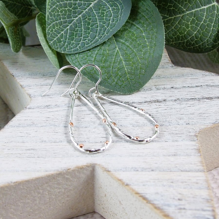 Earrings, Sterling Silver and Copper Accent Teardrops