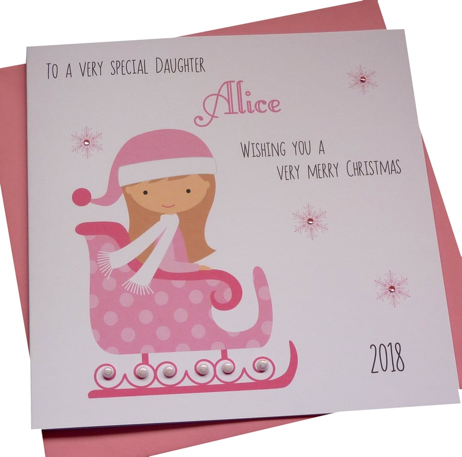 Pink Sleigh Girl Personalised Christmas Card