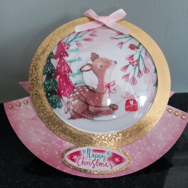 Deer & Robin snowglobe style Christmas rocker card, handmade