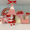 CHRISTMAS DECORATIONS - red gingham - heart, star, tree, elf stocking