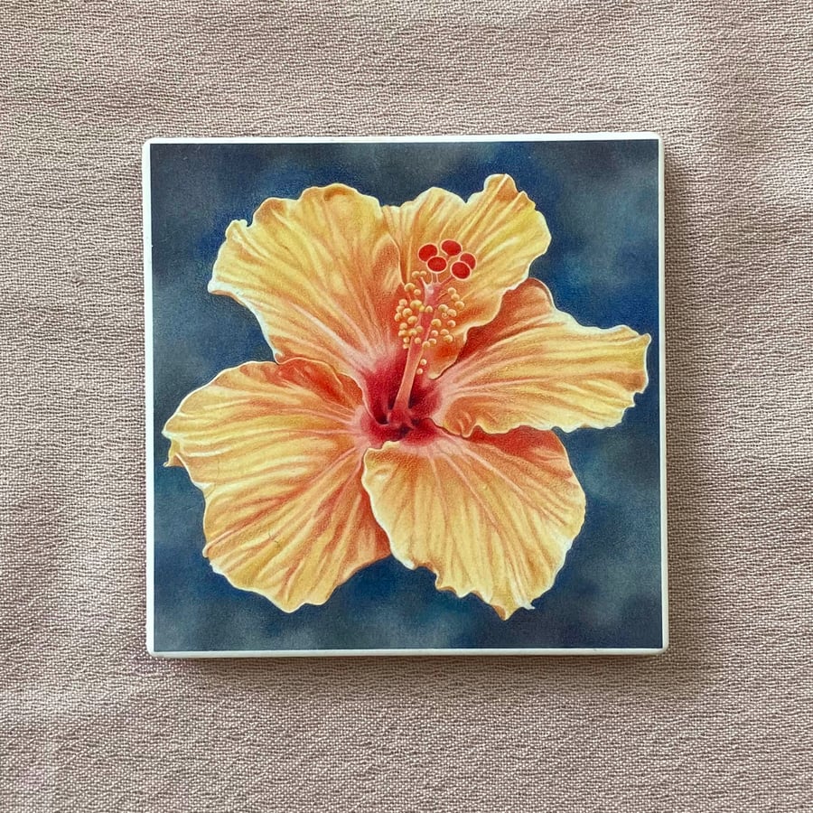 Tropical flower ceramic coaster - 'Orange Hibiscus' - drinks coaster