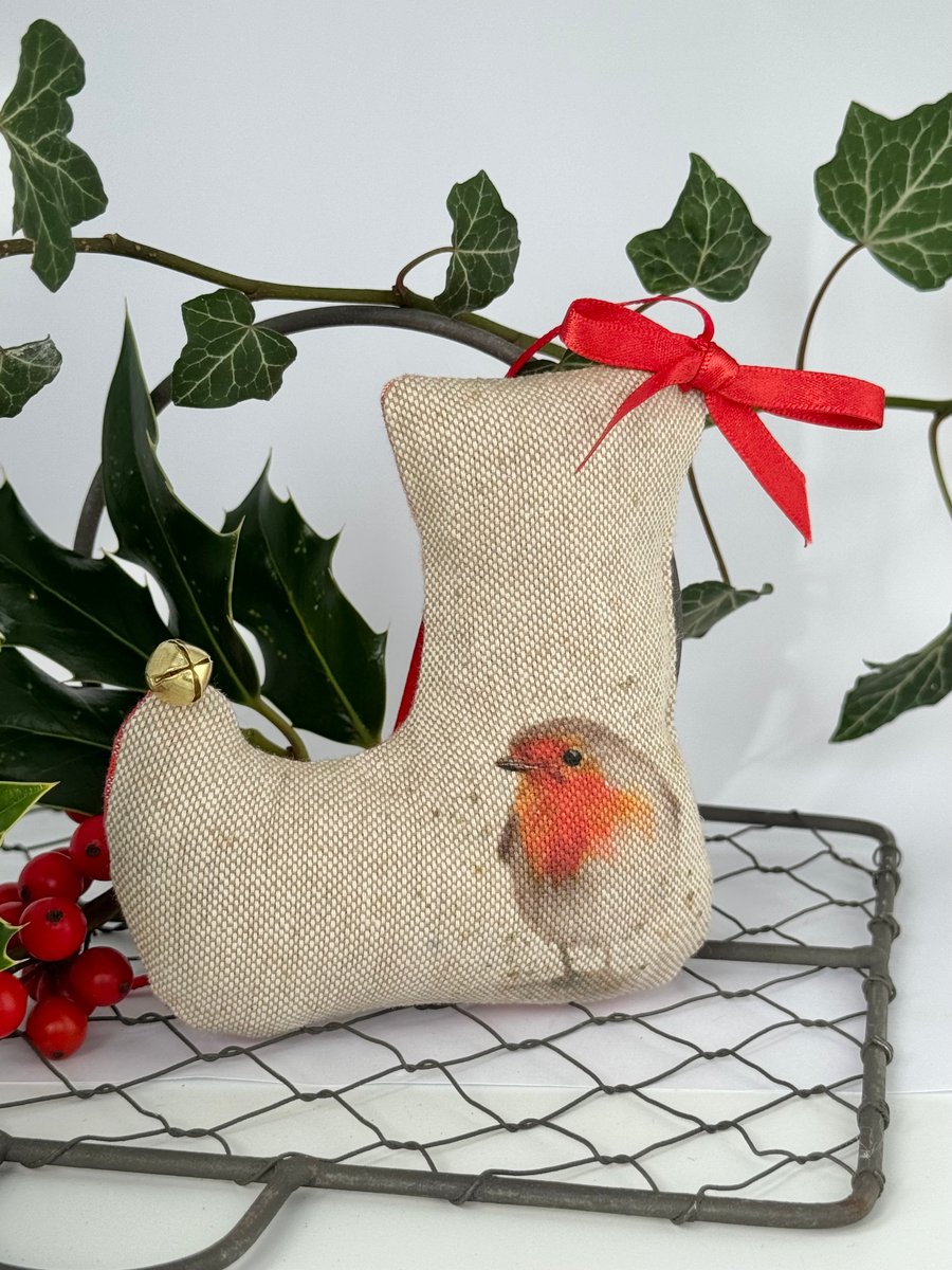 ELF CHRISTMAS STOCKING TREE DECORATION - robin, checked
