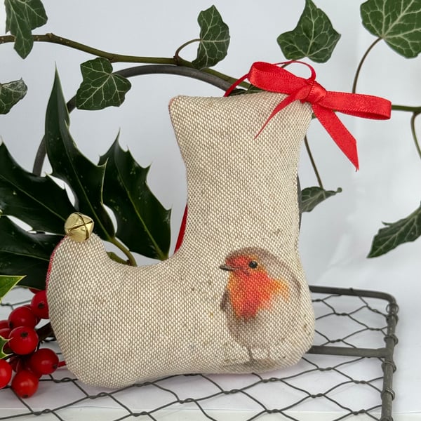 ELF CHRISTMAS STOCKING TREE DECORATION - robin, checked