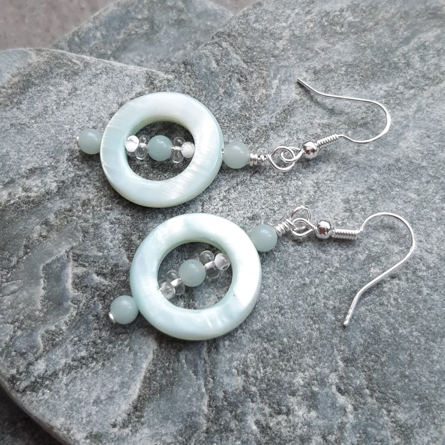 Mother Of Pearl Hoops Amazonite Silver Plated Shell  Earrings