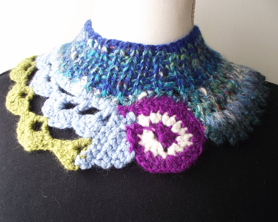 Freeform Handspun Knitted & Crocheted Collar, Yoke or Cowl. Blue Green Purple