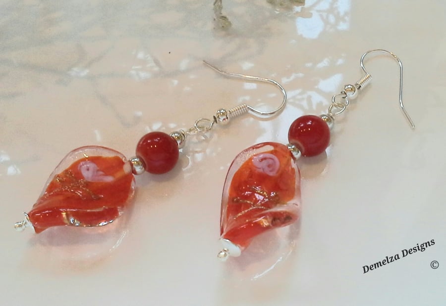 Red Twisted Murano Glass Bead Silver Plated Earrings