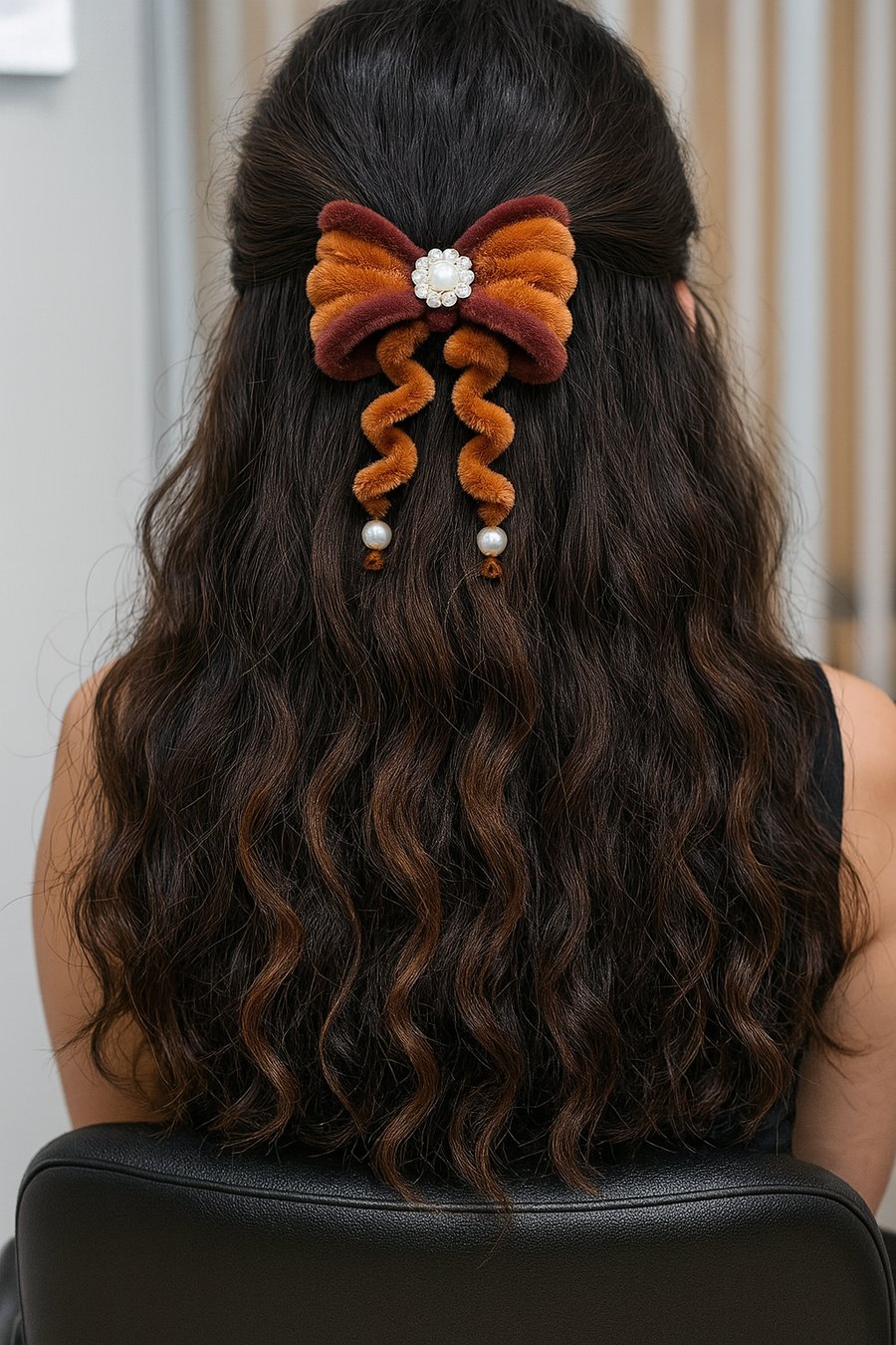 Handmade Brown Bow Hairclip- Vintage Style with Faux Pearls 