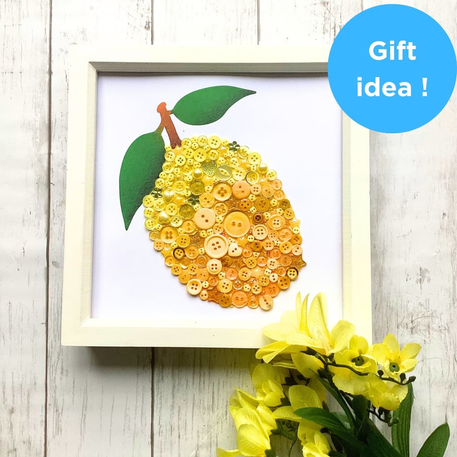 Lemon yellow fruit framed button mixed media artwork kitchen hall housewarming