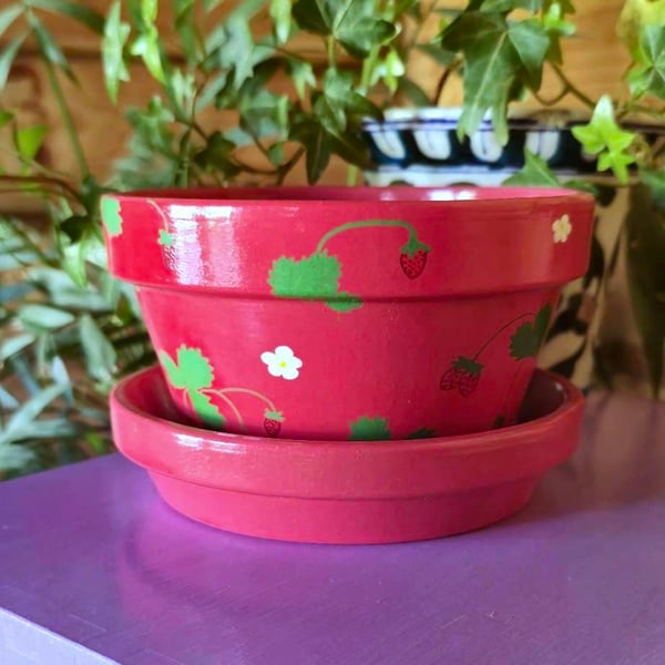 Handpainted strawberry plant pot