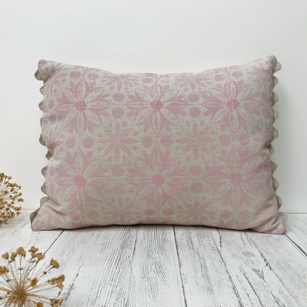 Hand Printed Linen Oblong Cushion - RUNA - Soft Pink