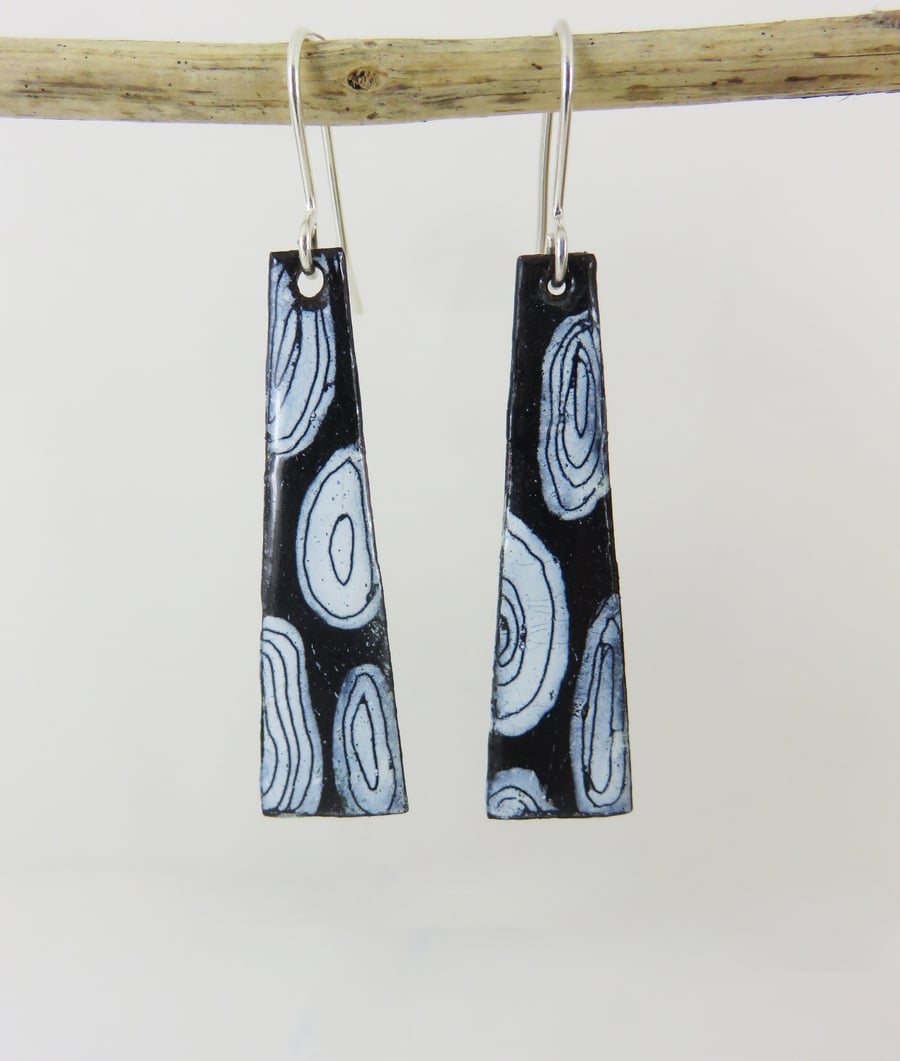 Black and White Dangle Copper Enamel Earrings with Hand Drawn Detail