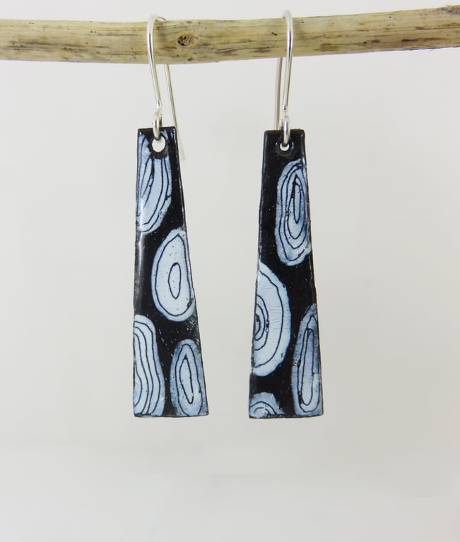 Black and White Dangle Copper Enamel Earrings with Hand Drawn Detail