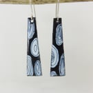 Black and White Dangle Copper Enamel Earrings with Hand Drawn Detail