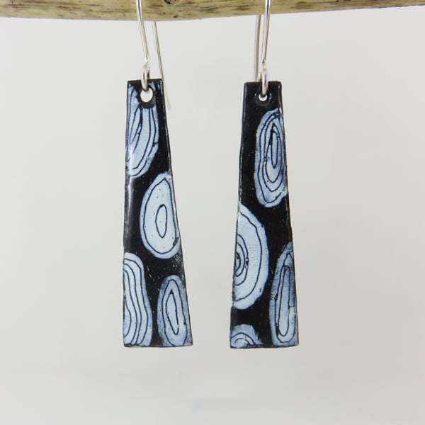 Black and White Dangle Copper Enamel Earrings with Hand Drawn Detail