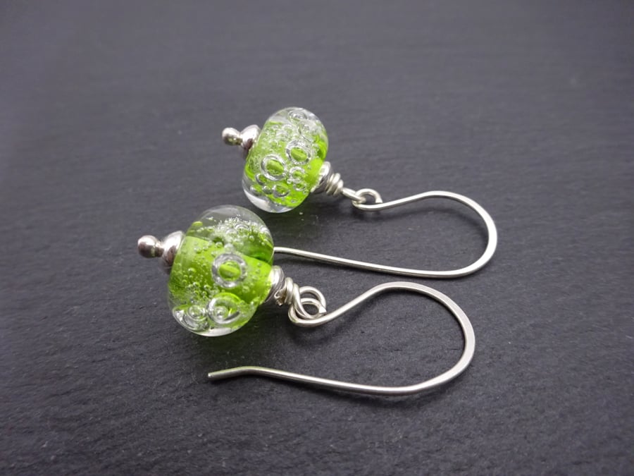 sterling silver earrings, green lampwork glass jewellery