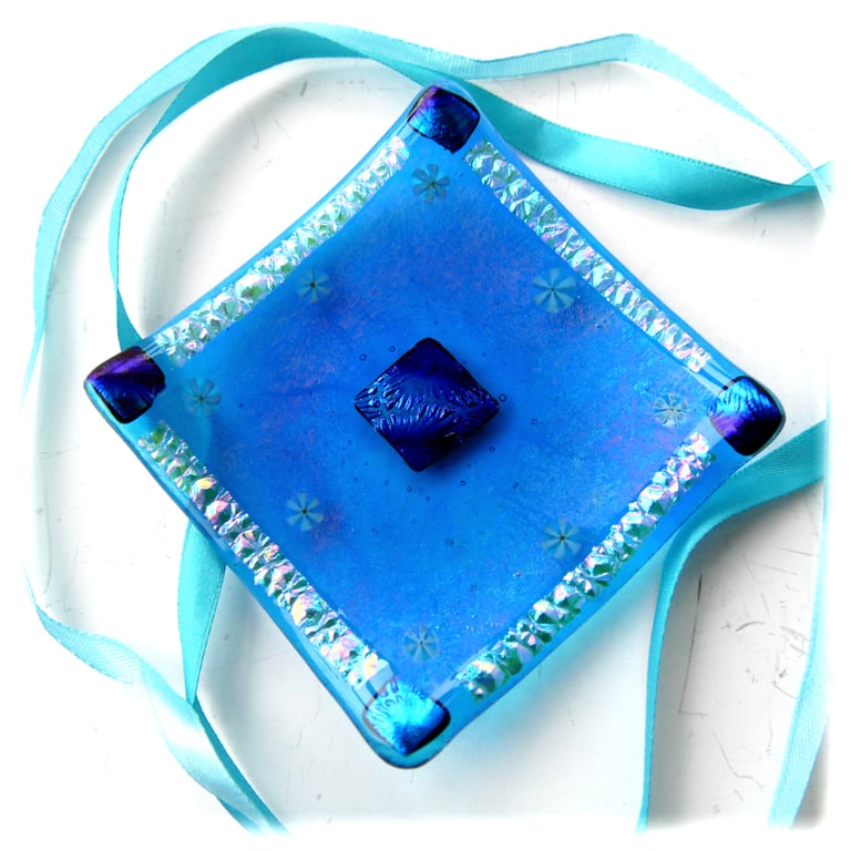 Fused Glass Trinket Dish 8.5cm Deep Turquoise Dichroic  handmade Gift 048