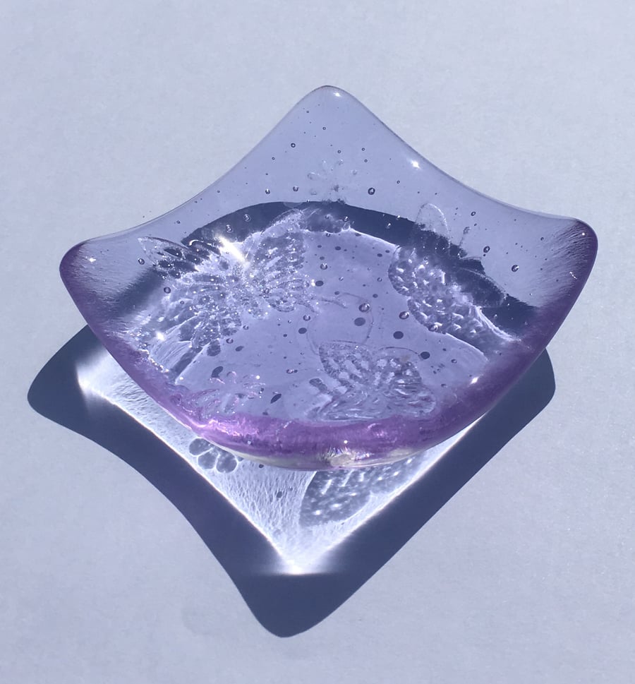 Fused Glass Trinket Dish - Lilac Butterflies 