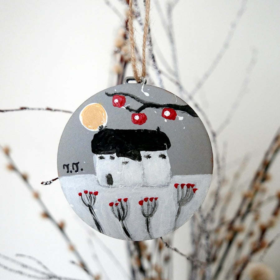 Grey Hand-painted Christmas Bauble, Cottage, Winter Landscape 