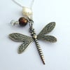 Dragonfly Necklace With Freshwater Pearls & Crystal