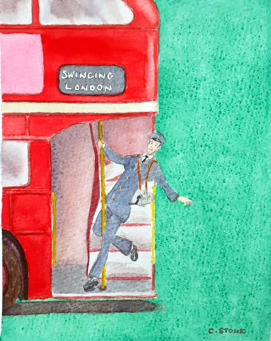 Original watercolour "Swinging London" bus conductor and London bus 
