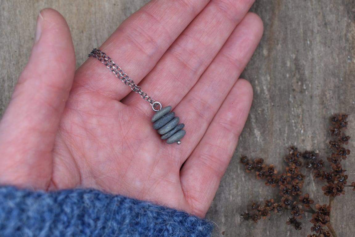 Stacked Pebble and Recycled Sterling Silver Necklace, Stone Necklace, Pendant