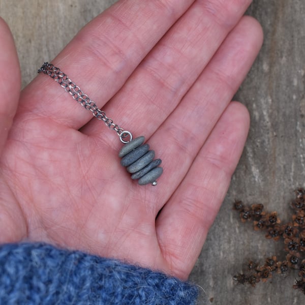 Stacked Pebble and Recycled Sterling Silver Necklace, Stone Necklace, Pendant