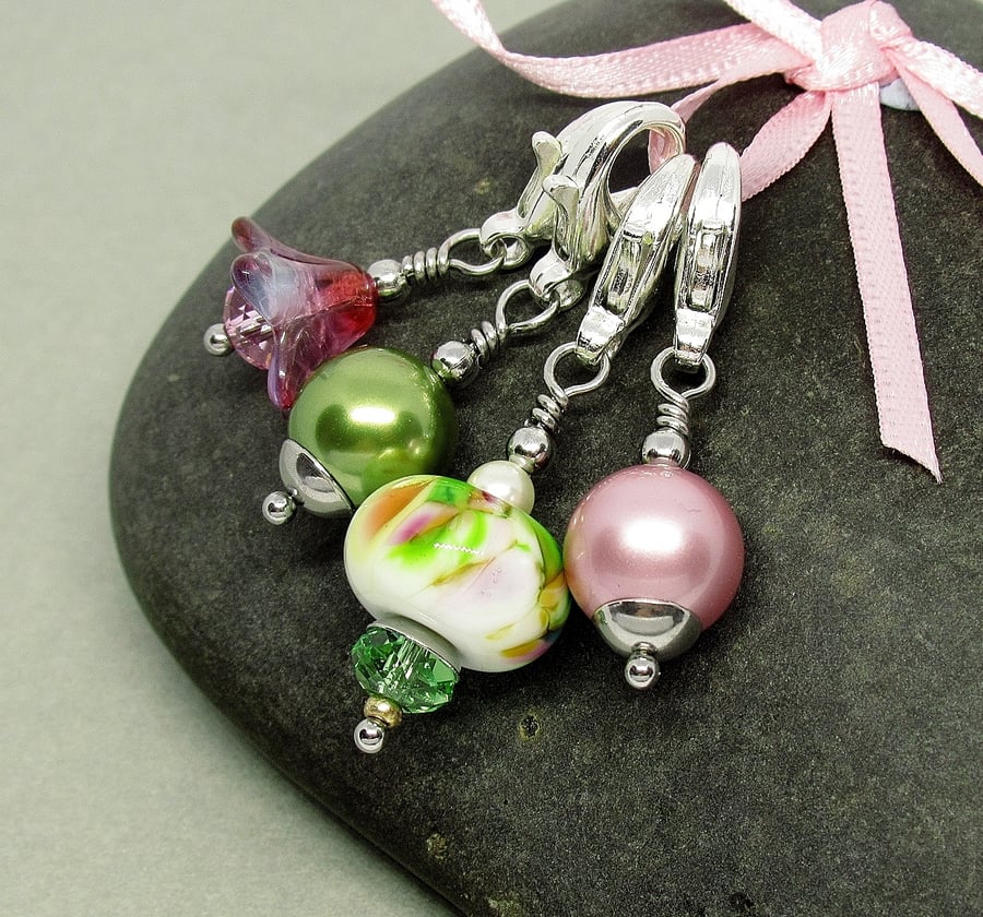 Pink and Green Glass Bead Stitch Marker Set for Crochet and Knitting