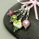 Pink and Green Glass Bead Stitch Marker Set for Crochet and Knitting